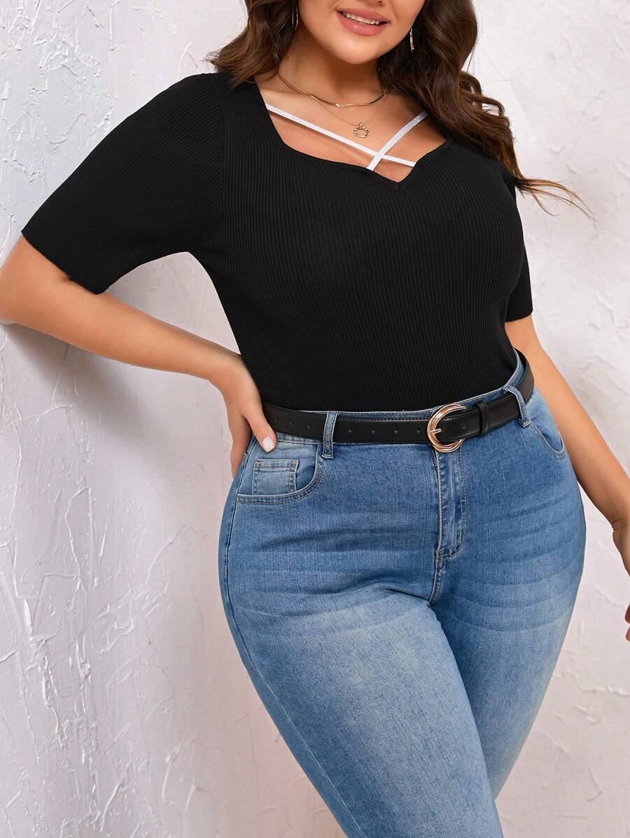 SHEIN Clasi Women's Plus Size Asymmetric Neck Ribbed Knit Top - Black - View 1