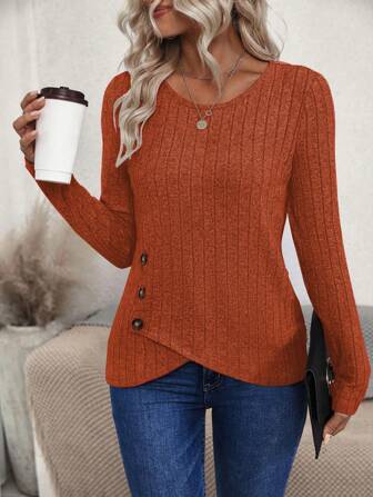 EMERY ROSE Women's Asymmetrical Hem Ribbed T-Shirt Fall Cloth For Women