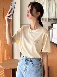 DAZY Cartoon Graphic Round Neck Tee - Beige - View 7