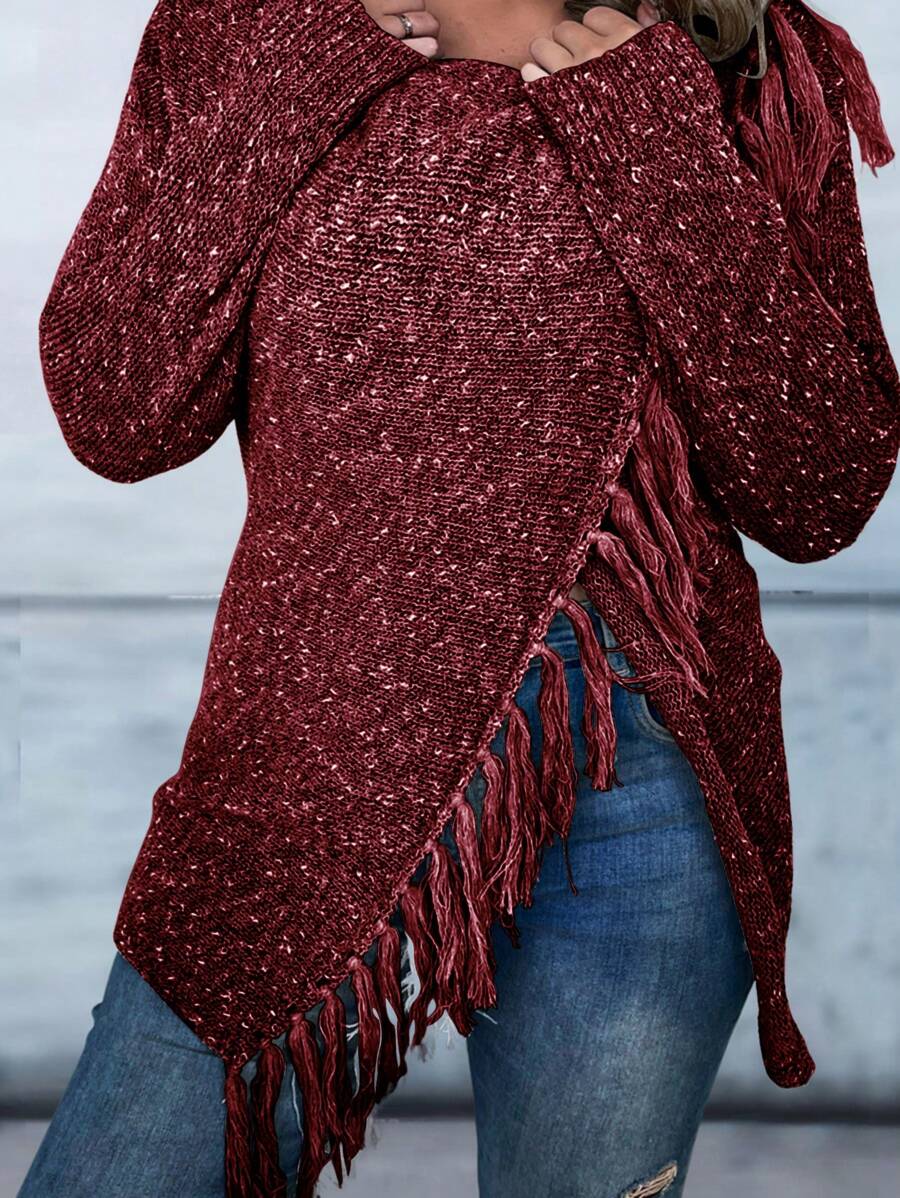 SHEIN LUNE Plus Tassel Wrap Front Cardigan Fall Cloth For Women - Burgundy - View 1