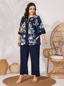 Mulvari Plus Size Women'S Botanical Print Top And Pants Set 2 Pieces Set - Multicolor - View 4
