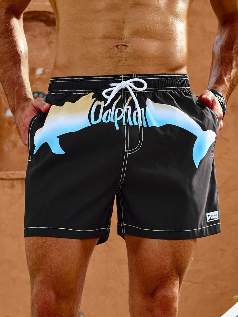 Surfspeed Men'S Dolphin & Letter Pattern Drawstring Waist Beach Shorts - Black - View 1