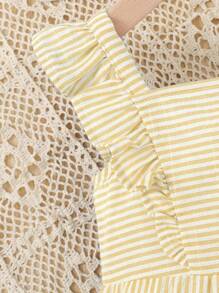 SHEIN Baby Girl Casual Striped Romper With Bowknot On Front - Yellow - View 5