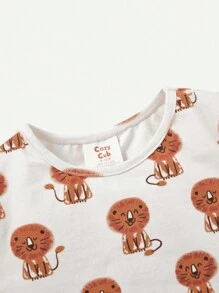 Conjunto de sudadera con cuello redondo y pantalones lisos para niños pequeños con patrón de león animado