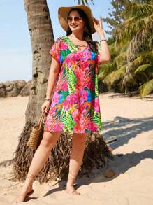 SHEIN VCAY Vestido Floral Magenta De Talla Grande Con Estampado De Plantas Tropicales - Multicolor - Ver 5