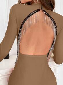 SHEIN Privé Women's Hollow Back Rhinestone Tassel Slim Date Night Party Dress - Khaki - View 6