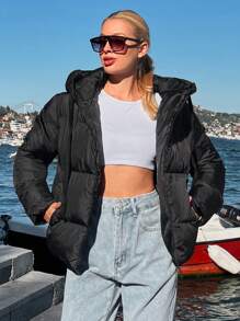 EURMUSE Women's Solid Color Long Sleeve Zipper Front Pocket Casual Hooded Winter Jacket - Black - View 1