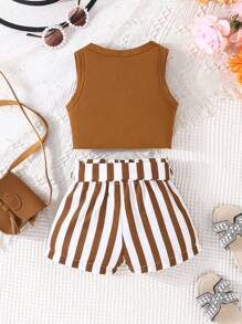 SHEIN Vintaside Kids Baby Girl Summer Knot Hem Tank Top And Striped Paperbag Waist Belted Shorts Set