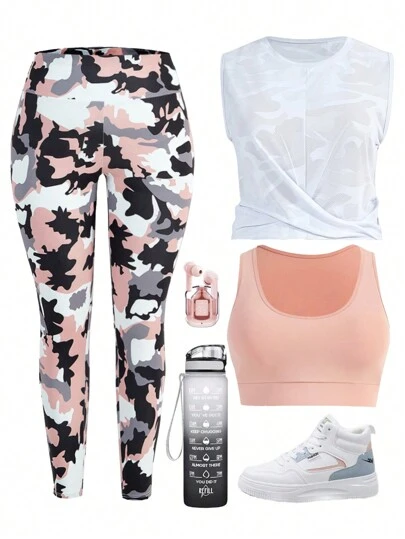 Easithlete 大码迷彩图案瑜伽运动服三件套健身女士套装