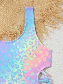 Tween Girls' Gradient Leopard Print Hollow Out One-Piece Swimsuit - Multicolor - View 5