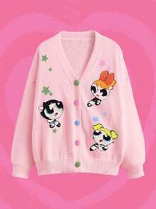 The Powerpuff Girls | ROMWE Cárdigan Con Botonera En Terciopelo Y Estampado De Caricaturas Para Mujer Con Hombro Caído - Rosa - Ver 1