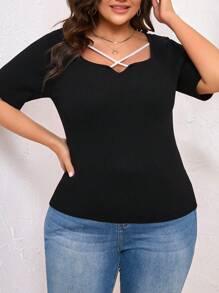 SHEIN Clasi Women's Plus Size Asymmetric Neck Ribbed Knit Top - Black - View 4