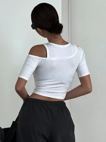 DAZY Women's Cold-Shoulder Asymmetrical Short T-Shirt - White - View 2