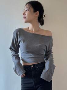 DAZY Áo thun nữ dài tay ngắn màu trơn, quần áo mùa thu thời trang thanh lịch - Xám - Xem 3