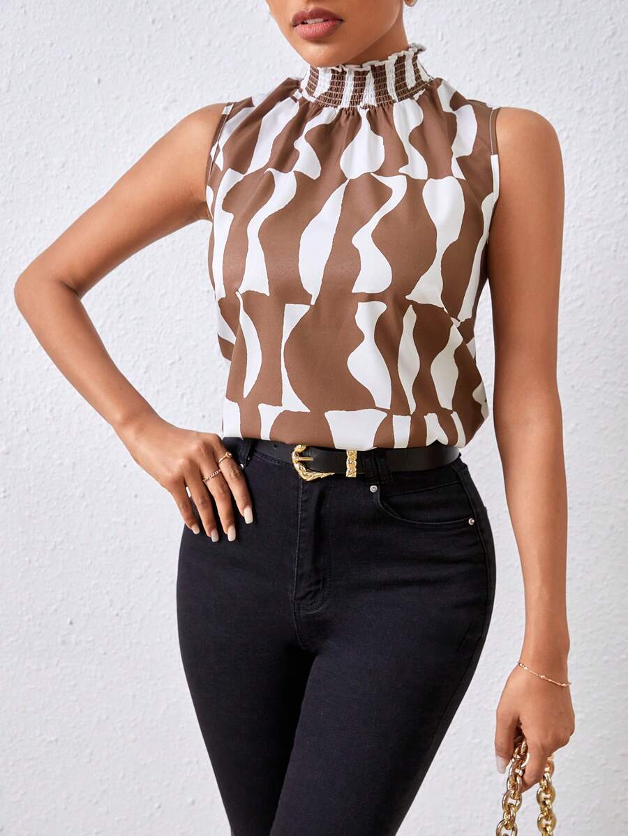 SHEIN Privé Của phụ nữ Họa tiết Hình học Cổ giả Nếp uốn Áo không tay - màu nâu - Xem 1