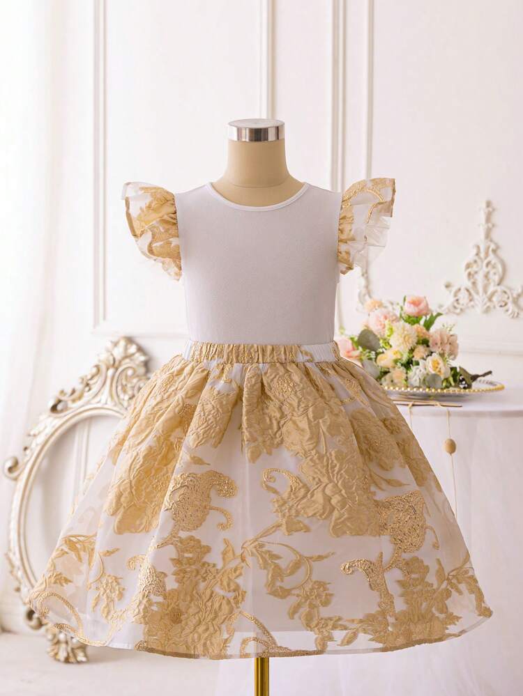 Tween Girls' Dreamy Princess Style Embroidered Round Neck Flutter Sleeve Dress