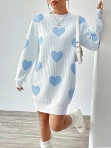 SHEIN Unity Heart Pattern Knitted Sweater Dress - Blue - View 1