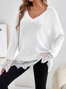 SHEIN LUNE Lace Trimmed V-Neck Long Sleeve Sweater With Lace Hem