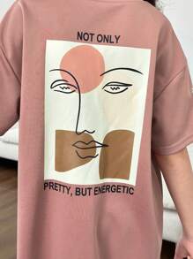 SHEIN Leap Crew Tween Girls' Loose Fit Casual Dress With Abstract Portrait & Letter Print, Round Neckline