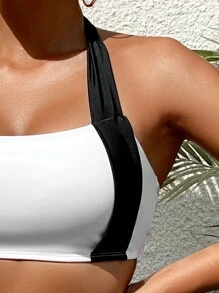 SHEIN Swim 夏季女士拼色露背比基尼套装嘉年华 - 黑與白 - 查看 4