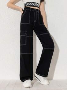 Sparklyn Teenage Girls' New Casual Fashion Straight Cut Cargo Denim Jeans (With Washed Look And Contrasting Stitching)