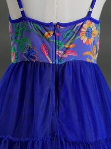 SHEIN Flower Embroidered Tulle Layered Spaghetti Strap Elegant Vacation Dress For Tween Girls, Suitable For Holiday, Performance, Wedding, Party And All Seasons - Blue - View 5