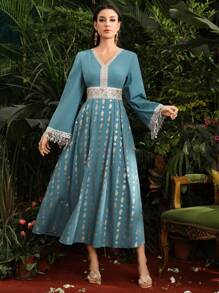 Divindia 女式流苏袖下摆长袖连衣裙 - 水鴨藍 - 查看 5