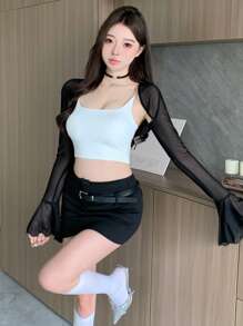 DAZY 女式超短款网眼吊带背心，喇叭袖，外出上衣，夏季，荷叶边透明长袖女式上衣 - 黑色 - 查看 3