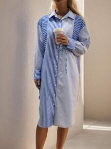 SHEIN Clasi 女用條紋拼布正面羈絆洋裝 - 藍白色 - 查看 3