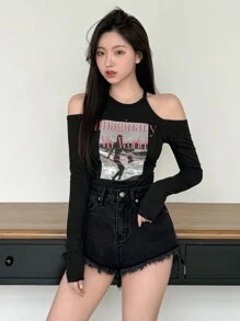 DAZY 女式露肩标语印花 T 恤、图案 T 恤、学院风上衣、长袖女式上衣、秋季女装