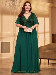 Plus Size Glitter Splicing Chiffon Formal Dress - Dark Green - View 3