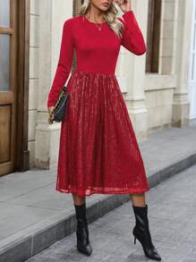 SHEIN Clasi Women's Sparkle Patchwork Dress - Red - View 5