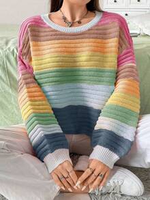 SHEIN MOOSTA Plus Size Rainbow Striped Long Sleeve Pullover Sweater - Multicolor - View 3