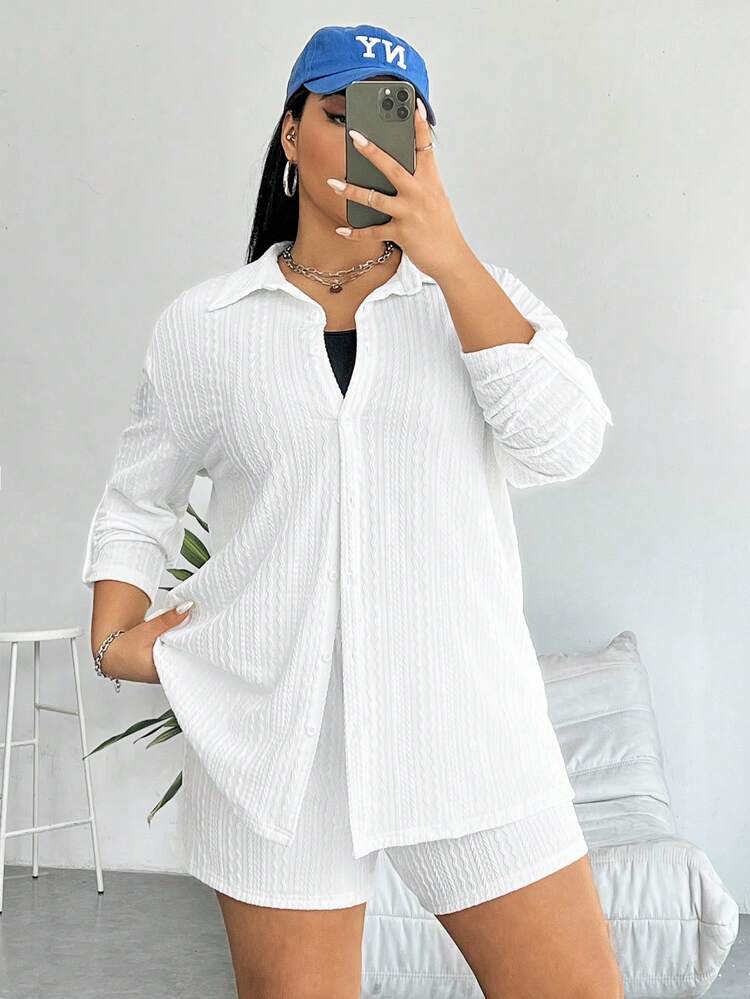 Plus Size Solid Color Shirt And Shorts Set