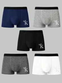 Men'S Letter & Crown Printed Boxer Briefs (5pcs/Set)