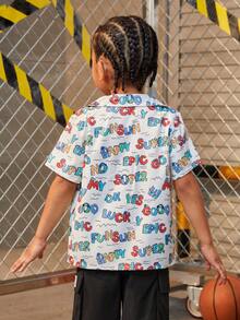 SHEIN Explorewe 男孩可愛字母印花短袖襯衫 - 彩色 - 查看 2