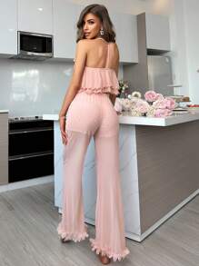 Côtesoire 花卉蕾丝装饰双层网眼吊带上衣和裤子睡衣套装 - 淺粉色 - 查看 2