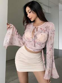 DAZY Áo sơ mi tay loe in hoa dành cho nữ kèm cà vạt, quần áo mùa thu, áo thun tay dài họa tiết - Nhiều màu - Xem 3