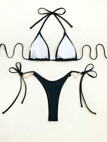 Women's Rhinestone Dolphin Patterned Separated Bikini Set Summer Beach - Black - View 5