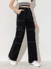 Sparklyn Teenage Girls' New Casual Fashion Straight Cut Cargo Denim Jeans (With Washed Look And Contrasting Stitching)