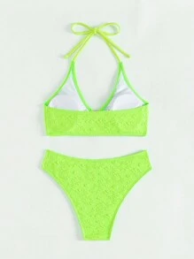 SHEIN Swim 荧光绿两件套比基尼套装狂欢夏日海滩 - 綠色 - 查看 4
