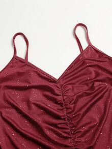 SHEIN Belle 大尺碼女性褶皺荷葉邊背心連衣裙 - 紅色 - 查看 4