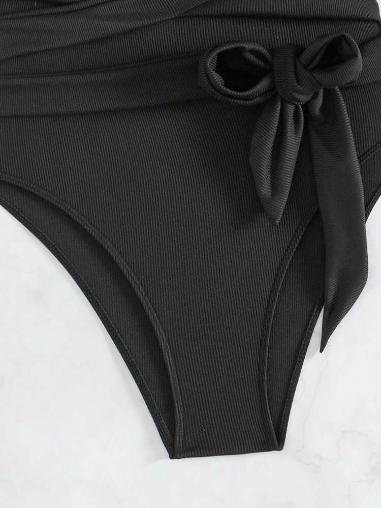 Solid Color Criss-Cross Front Knot Halter One-Piece Swimsuit Summer