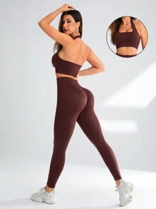 Yoga Basic 女性純色露背背心和打底褲運動套裝 - 咖啡棕 - 查看 1