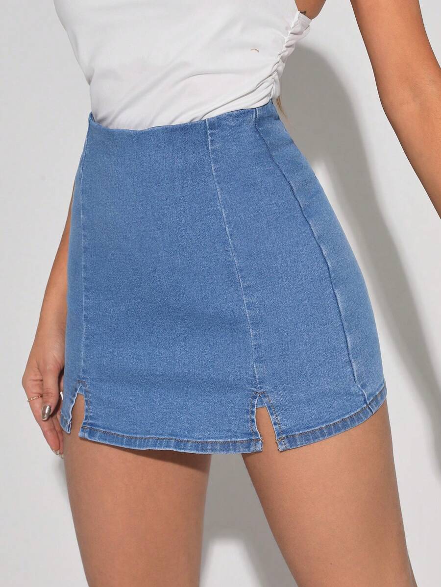 SHEIN Tall 女士純色分裂邊修身牛仔短褲 - 中等水洗藍 - 查看 1