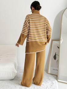 EURMUSE Women'S Striped Turtleneck Sweater And Solid Color Wide Leg Pants Two-Piece Set - Multicolor - View 2
