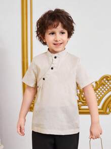 SHEIN Young Boy's Asymmetrical Placket Stand Collar Button Half-Open Shirt - Beige - View 6