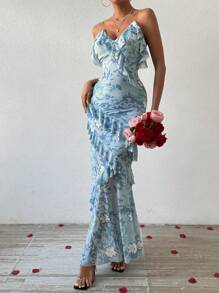 Breezaya 花卉印花荷葉邊 V 領細肩帶洋裝 - 藍色 - 查看 4