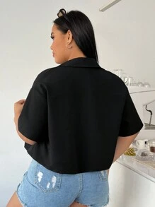 SHEIN EZwear Plus Size Solid Color Weave Loose Casual Shirt - Black - View 2