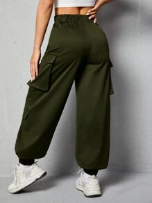 SHEIN PETITE 女性鈕扣前蓋式口袋直筒褲 - 軍綠色 - 查看 2